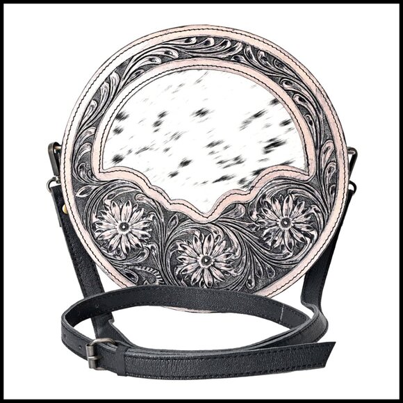 Large Round Crossbody Bag with Leather Strap Tooled Western Design Zipper